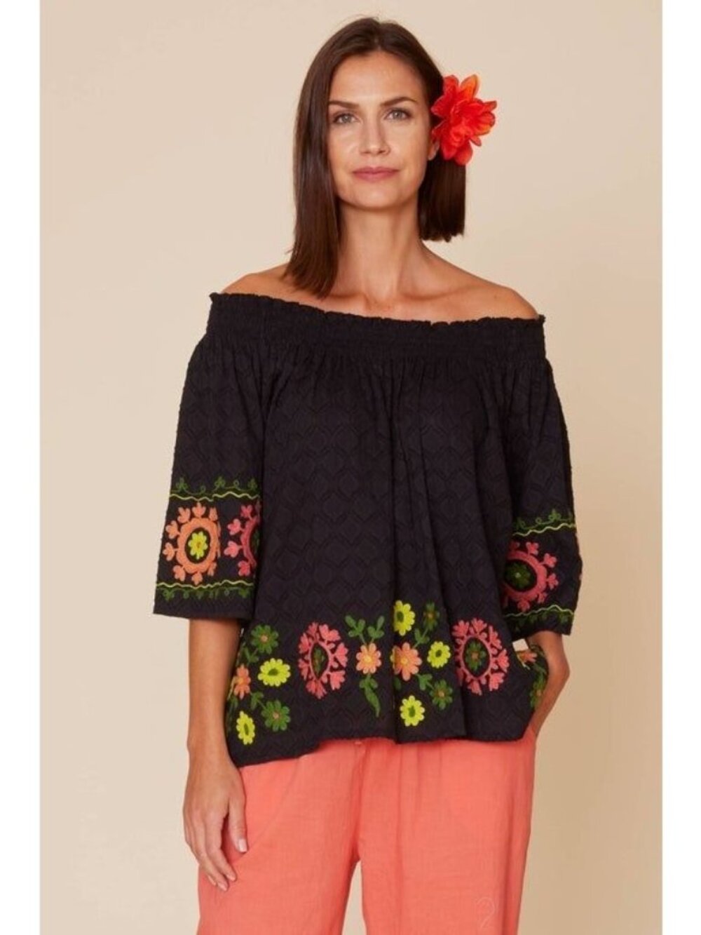 Modaposa Womens Off-The-Shoulder Black Top With Embroidered Floral Design Size S